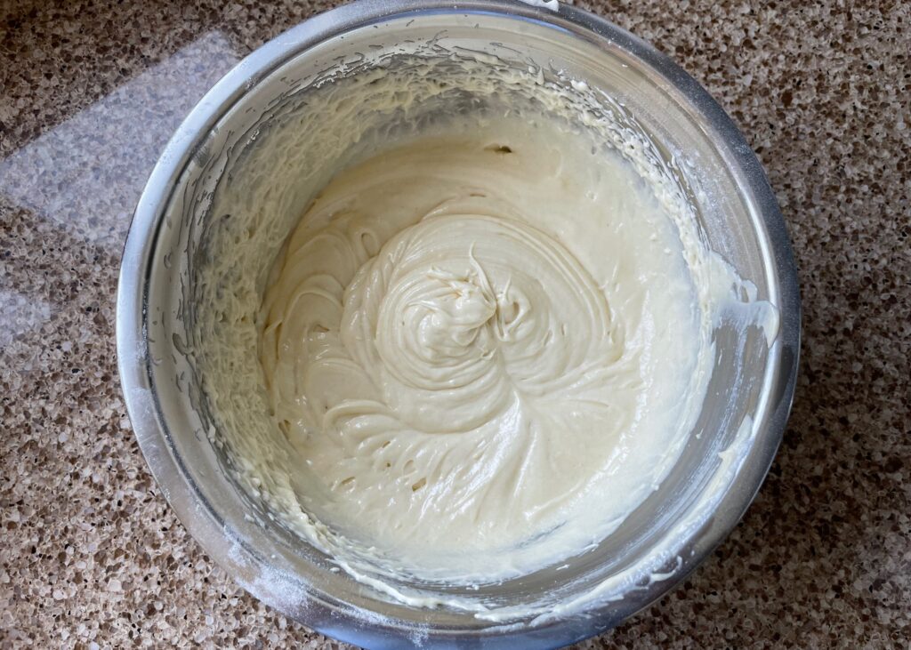 Mixture in a bowl for a gluten free Victoria sandwich