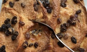 Gluten free bread and butter pudding made with gluten free brioche rolls