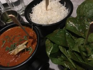 Ruby chicken curry, rice and greens.