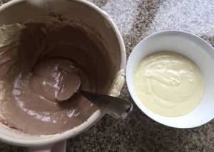 Ingredients for gluten free chocolate marble Easter cake all whisked together