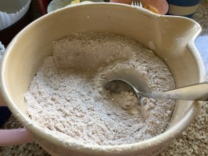 Doves gluten free flour in a bowl with other ingredients