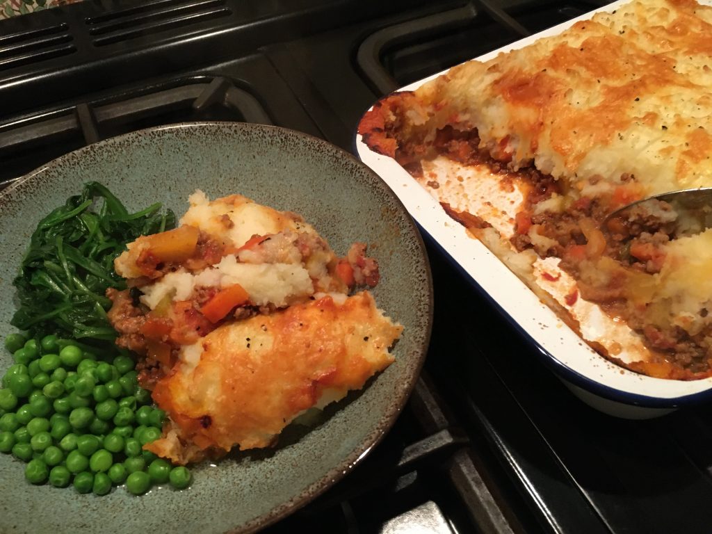 My comforting cottage pie with wilted spinach and peri pois.