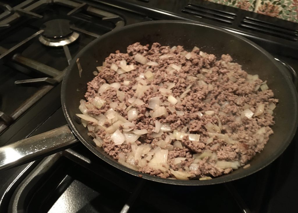 Minced beef and onion in a frying pan..preparation for my cottage pie.