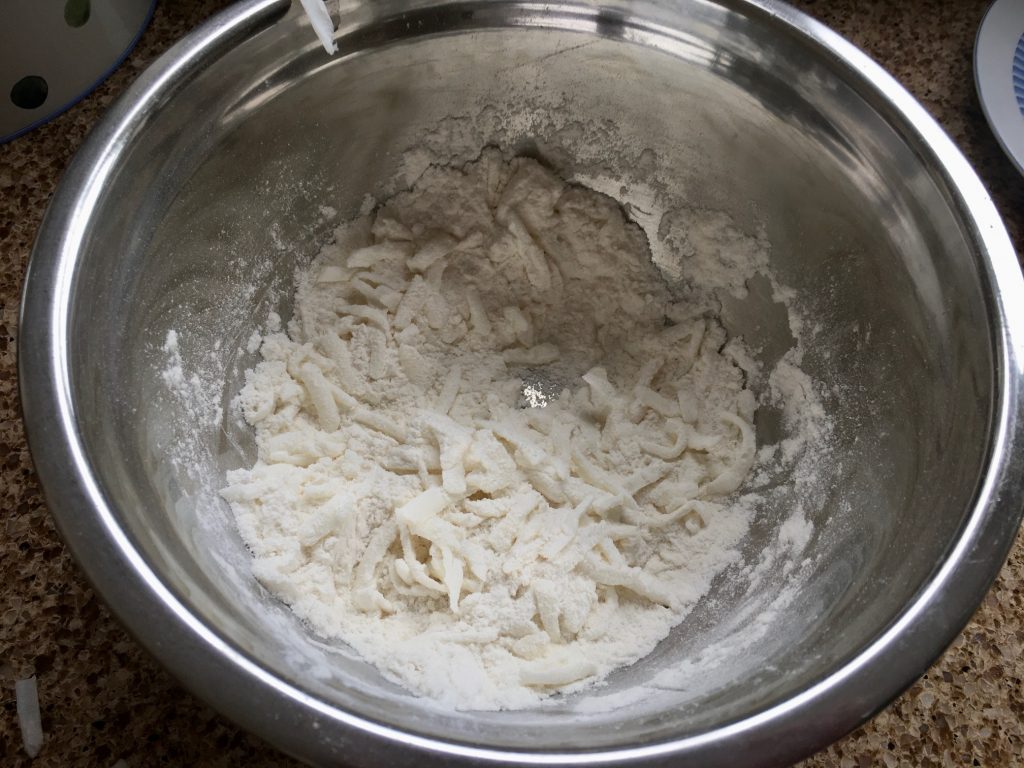 Gluten free flour and grated lard ready to make gluten free dumplings
