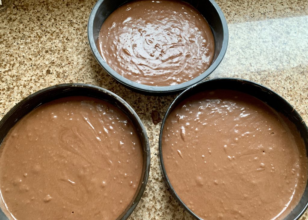 Gluten free chocolate sponge prior to baking for Black Forest gateau