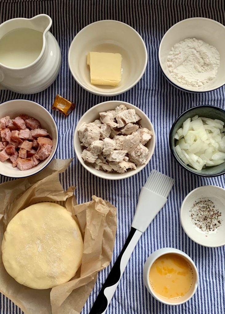 Ingredients needed for mini gluten free chicken and ham pies