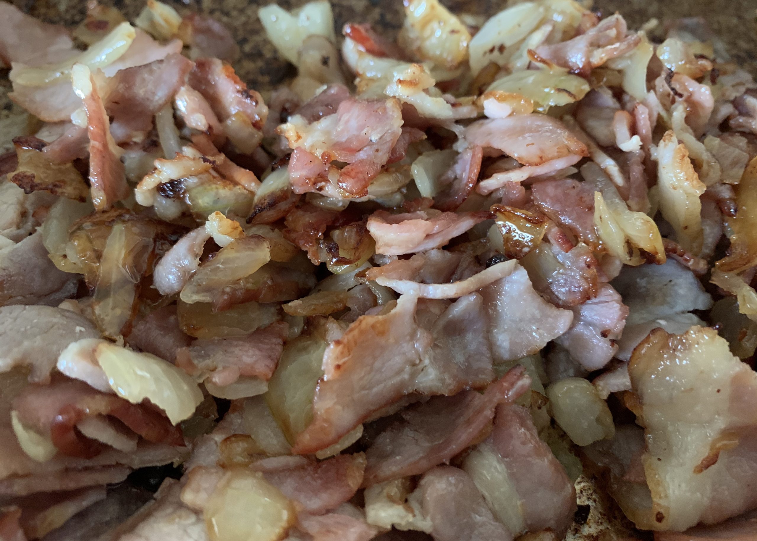 Fried bacon and onion for a gluten free quiche Lorraine
