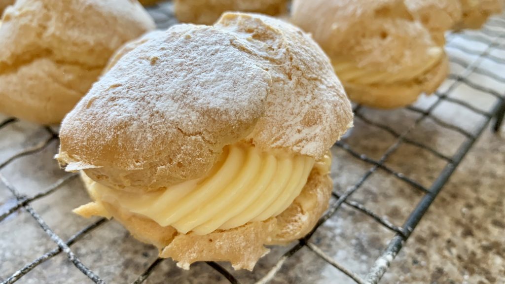 Gluten free choux pastry buns filled with pastry cream