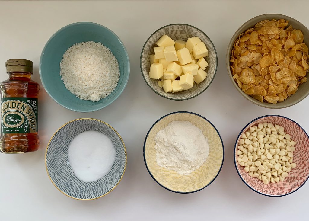 Flatlay of ingredients needed for gluten free scrunch