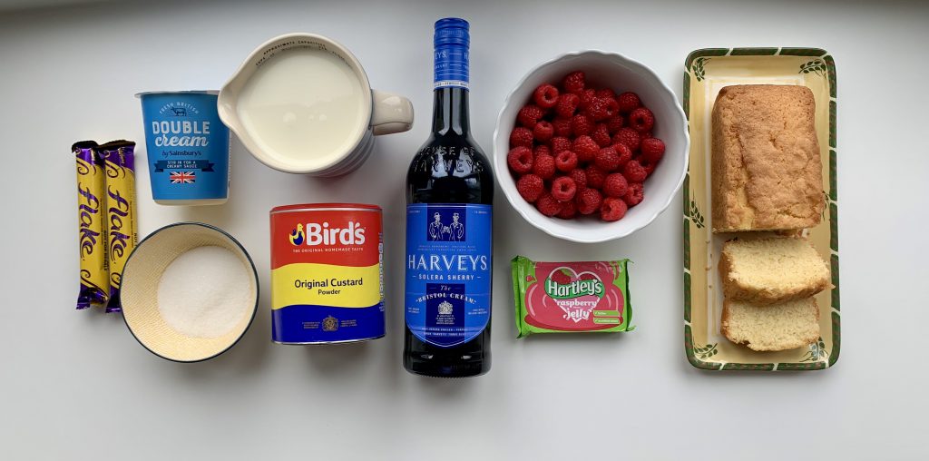 Flat lay of ingredients needed for a gluten free sherry trifle