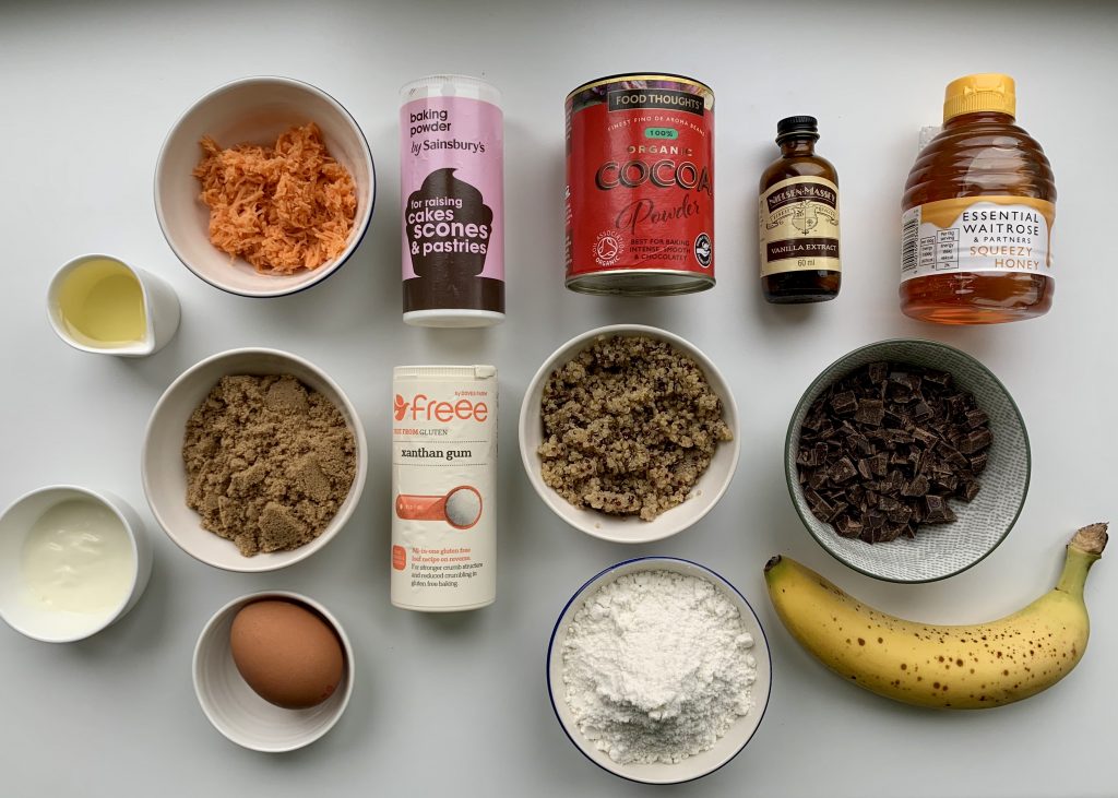 Flatlay of ingredients needed to make gluten free banana and chocolate muffins