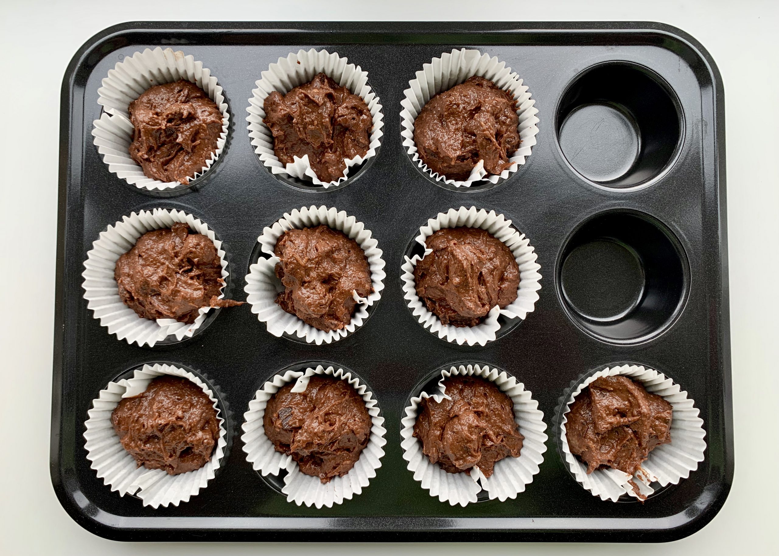 Banana chocolate muffin mixture divided between 10 muffin cases