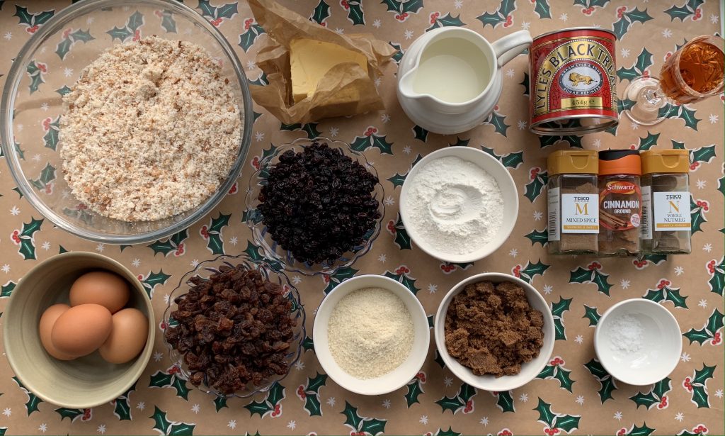 Flatlay of ingredients for gluten free Christmas pudding