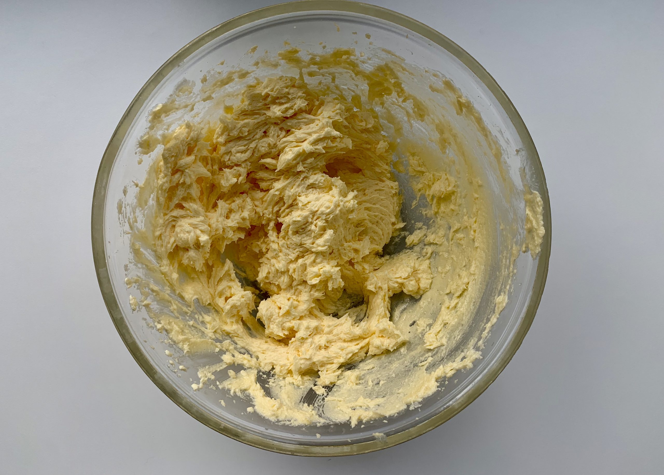 Creamed margarine, butter , sugar and eggs in a large pyrex mixing bowl