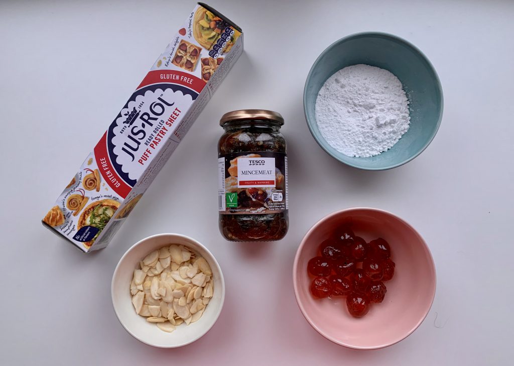 Flatlay of ingredients for gluten free mincemeat, cherry and almond swirls