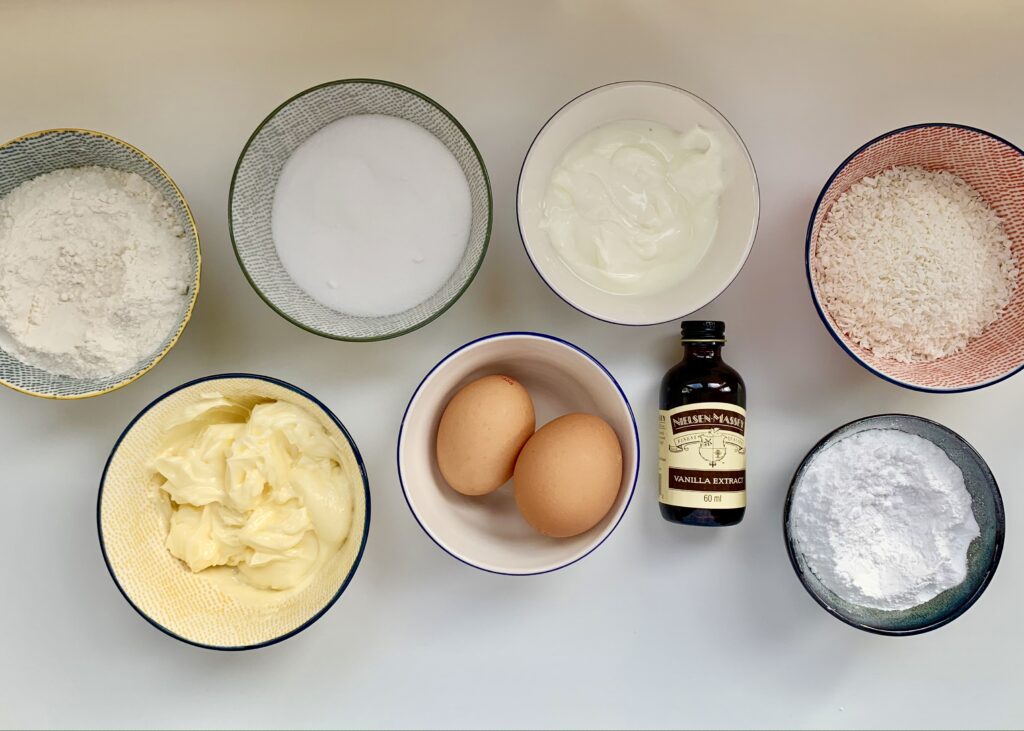 Ingredients for iced coconut cake