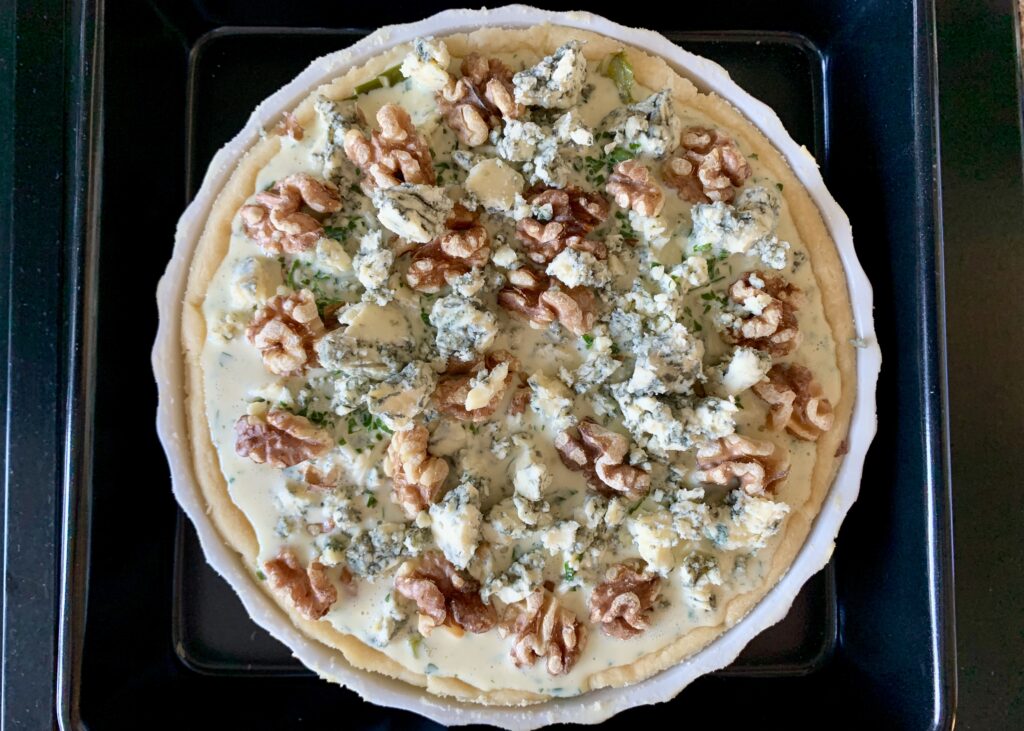 Gluten free leek, walnut and two cheese tart before being baked
