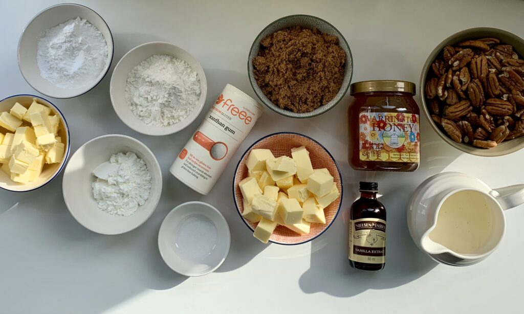 Flatlay of ingredients needed for gluten free pecan squares