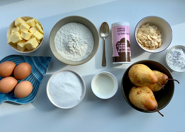 Flatlay of ingredients for gluten free pear cake