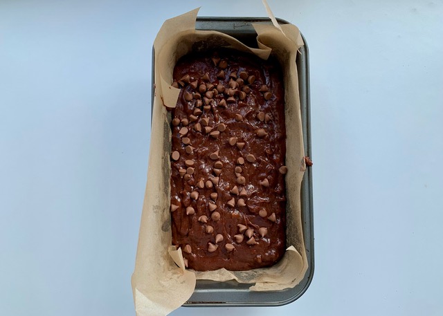 Gluten free chocolate banana loaf before baked