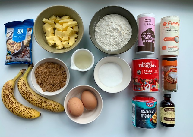 Flatlay of ingredients for gluten free banana bread