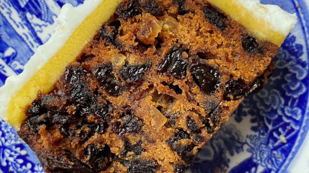 A slice of gluten free Christmas cake