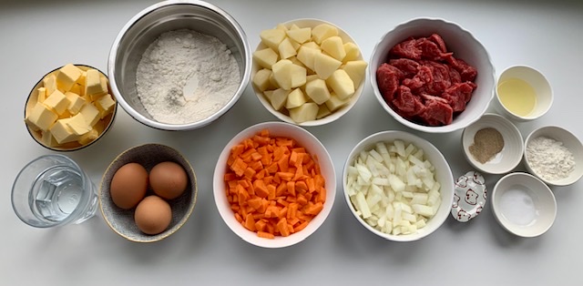 Ingredients for a gluten free meat and potato pie