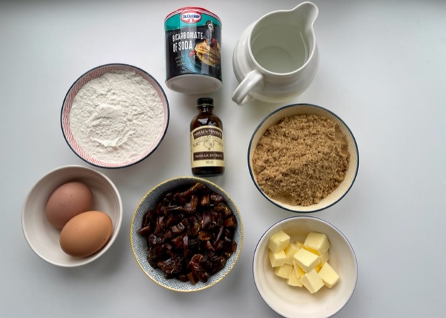 Flatlay of ingredients for sticky toffee pudding