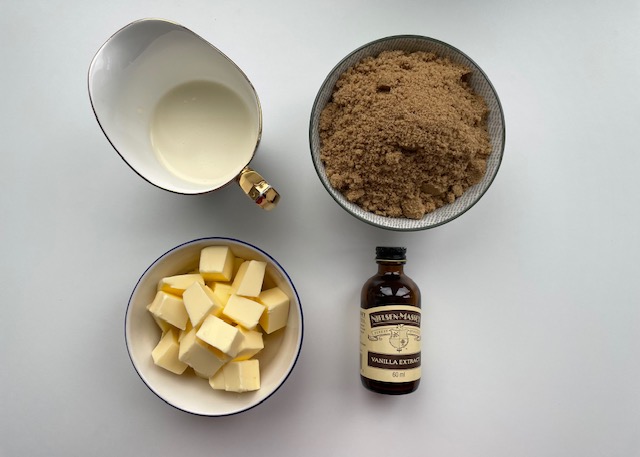 Flatlay of ingredients for sticky toffee sauce