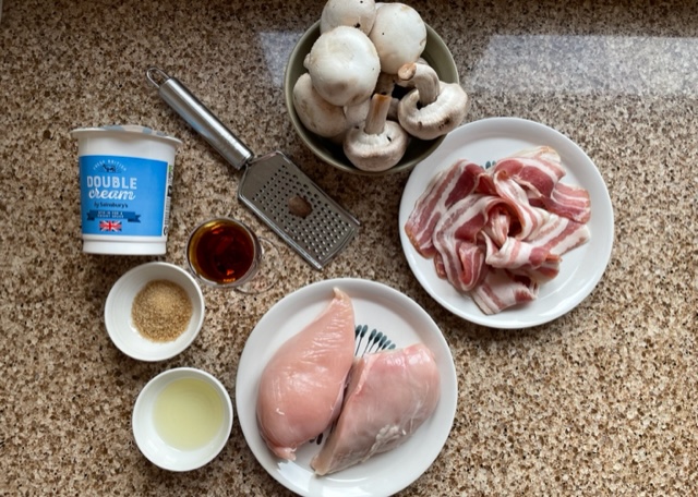 Flat lay of ingredients for chicken jean bart